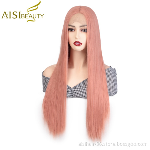 Aisi Beauty Hot Selling Wholesale Long Silky Straight Pink Pre Plucked Middle Part Synthetic Hair For Black Women Lace Front Wig